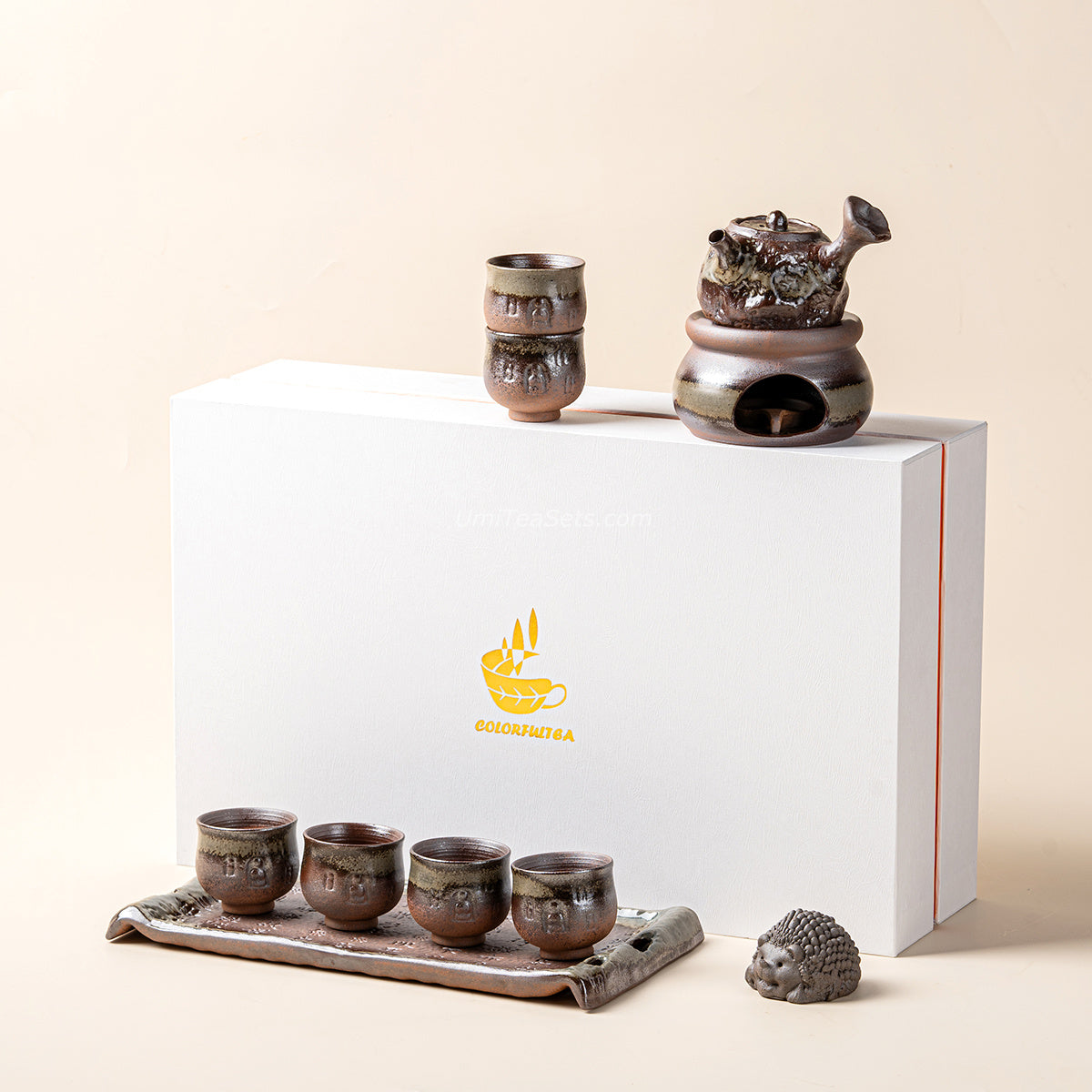 Handcrafted Bizen-yaki Glaze Tea Set with Dunhuang Elements
