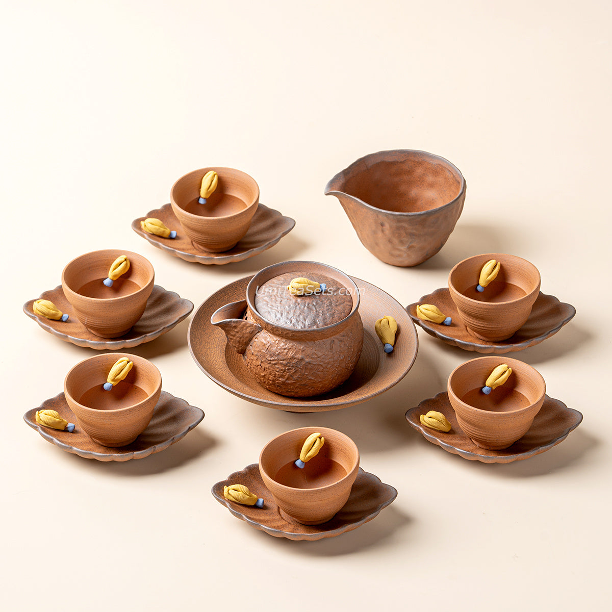 Japanese Coarse Pottery Chayote Tea Set with Teapot, Cups, and Holder
