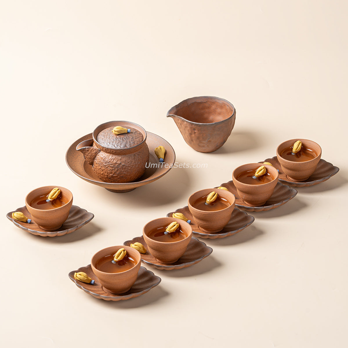 Japanese Coarse Pottery Chayote Tea Set with Teapot, Cups, and Holder