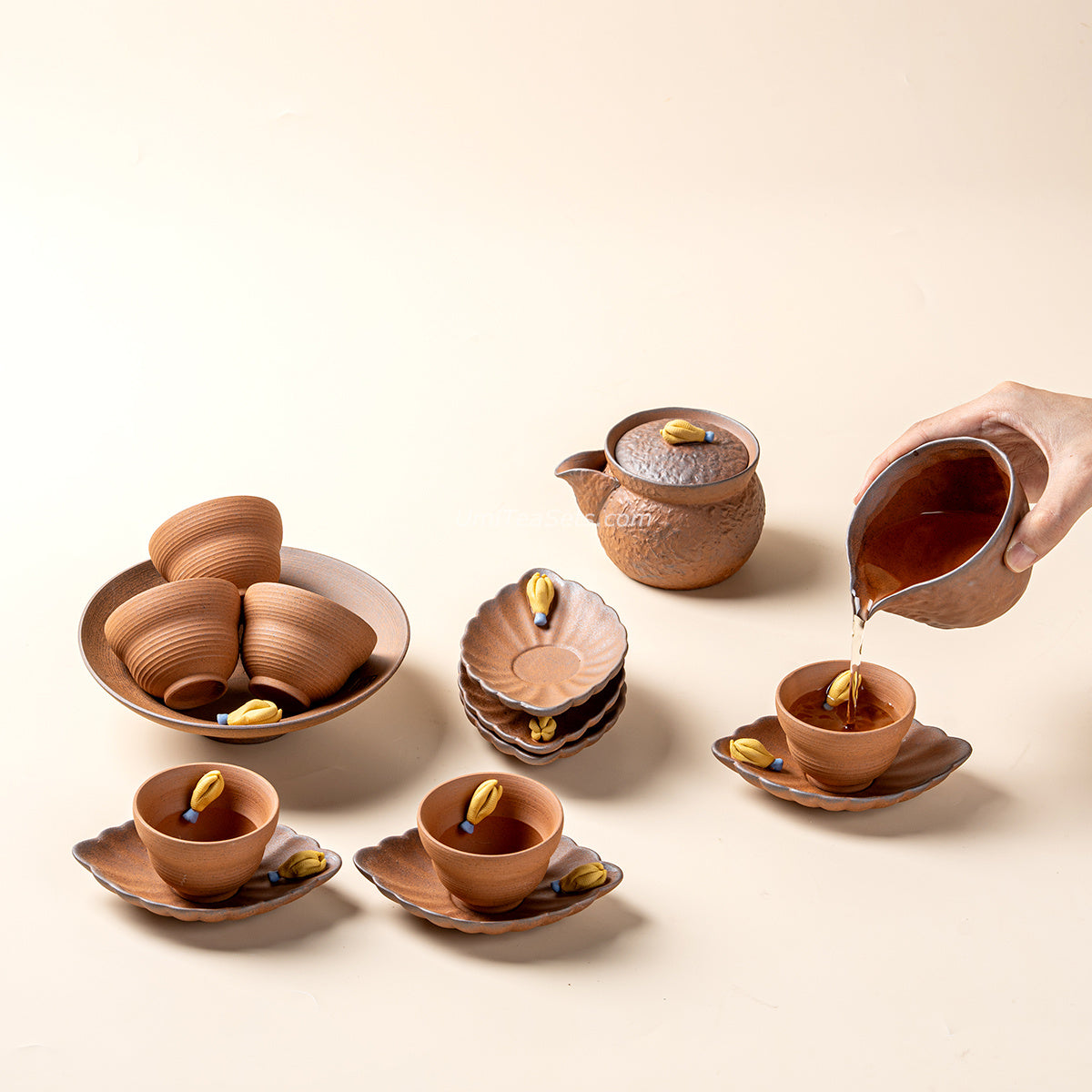 Japanese Coarse Pottery Chayote Tea Set with Teapot, Cups, and Holder