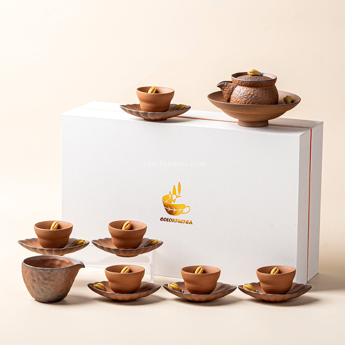 Japanese Coarse Pottery Chayote Tea Set with Teapot, Cups, and Holder