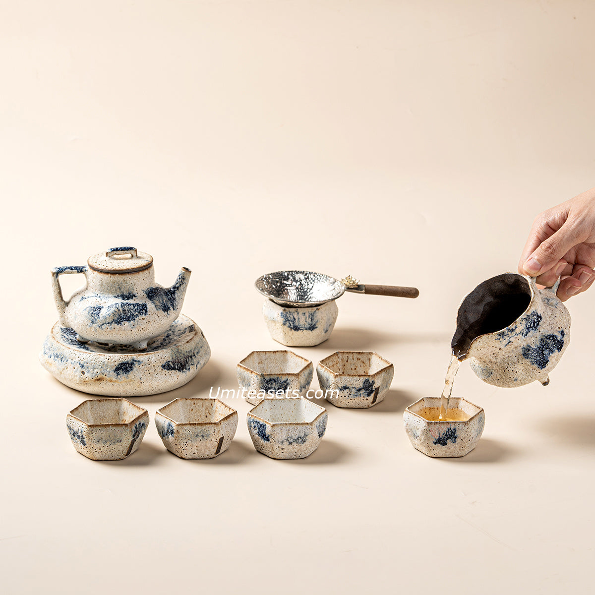Japanese Kobiki Coarse Pottery Tea Set with Teapot and Cups