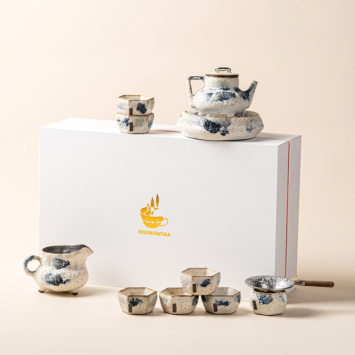 Japanese Kobiki Coarse Pottery Tea Set with Teapot and Cups