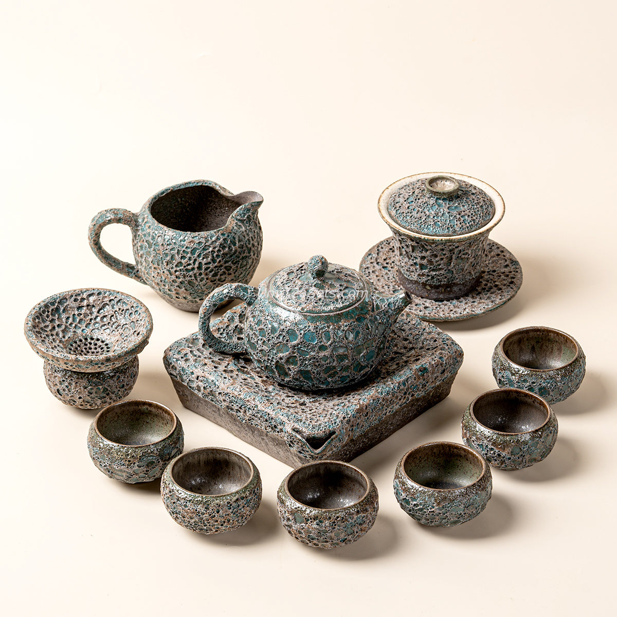 Vintage Bronze Coarse Pottery Tea Set with Wormhole Texture