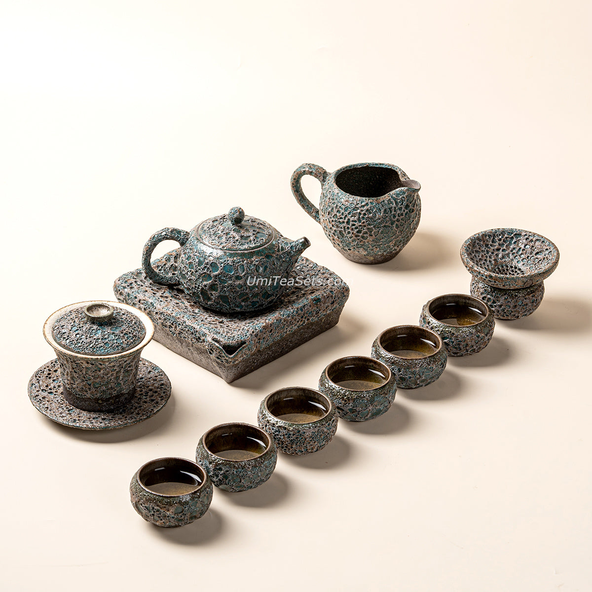 Vintage Bronze Coarse Pottery Tea Set with Wormhole Texture