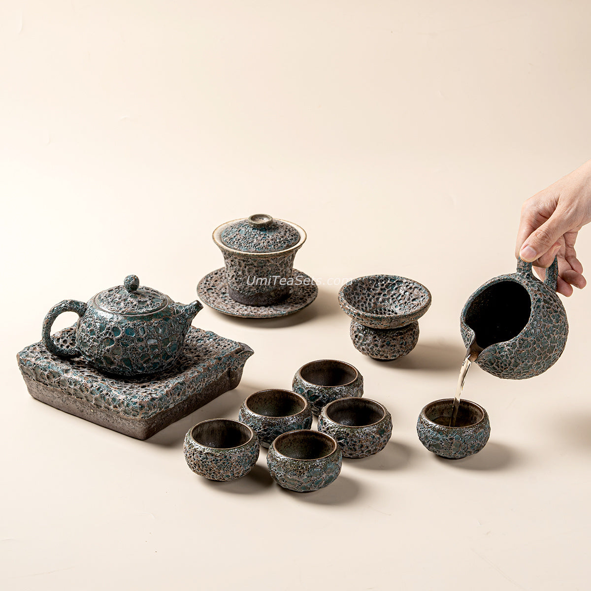 Vintage Bronze Coarse Pottery Tea Set with Wormhole Texture
