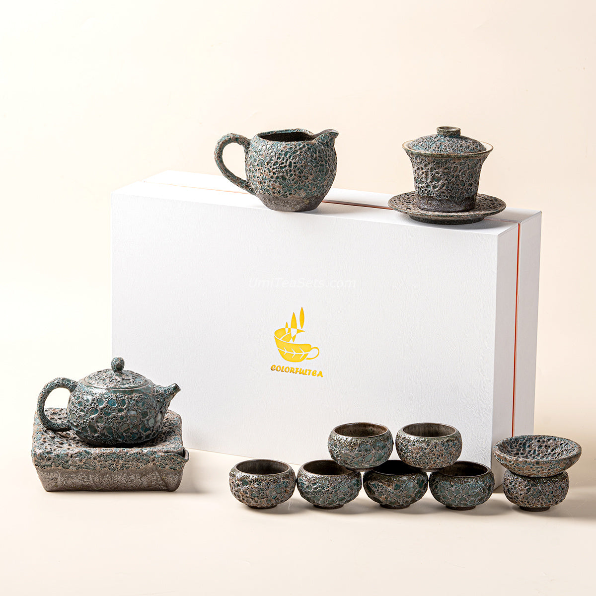 Vintage Bronze Coarse Pottery Tea Set with Wormhole Texture