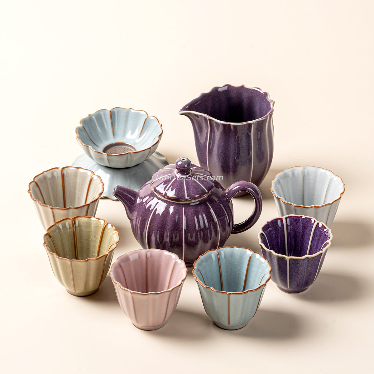 Jun Kiln Lotus Porcelain Tea Set with Leather Case