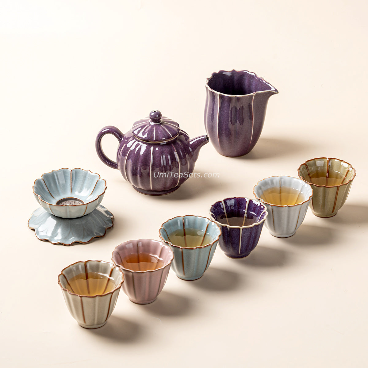 Jun Kiln Lotus Porcelain Tea Set with Leather Case