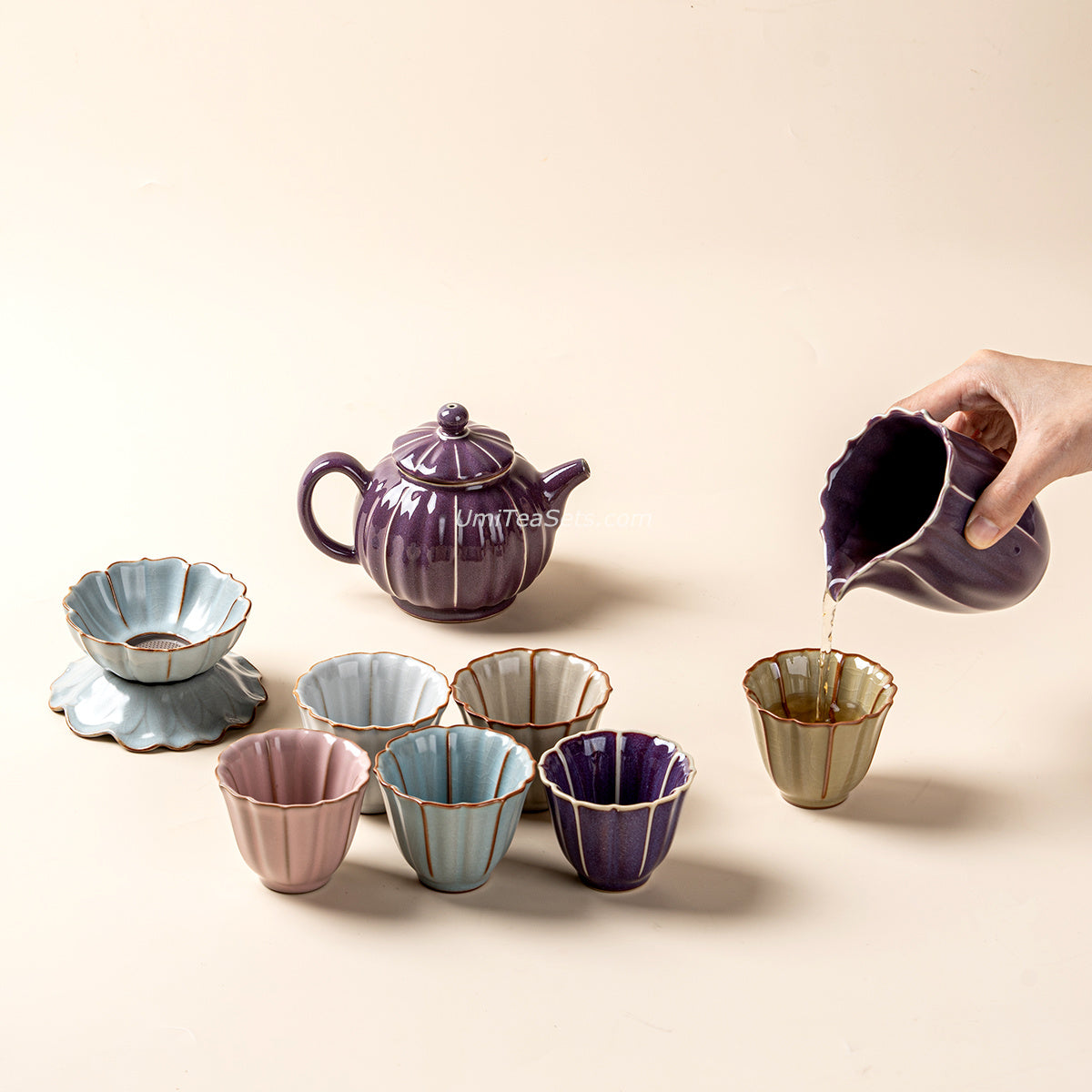 Jun Kiln Lotus Porcelain Tea Set with Leather Case