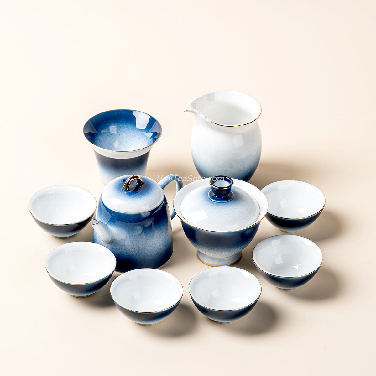 Gradient Blue Jade Porcelain Tea Set with Teapot and Cups