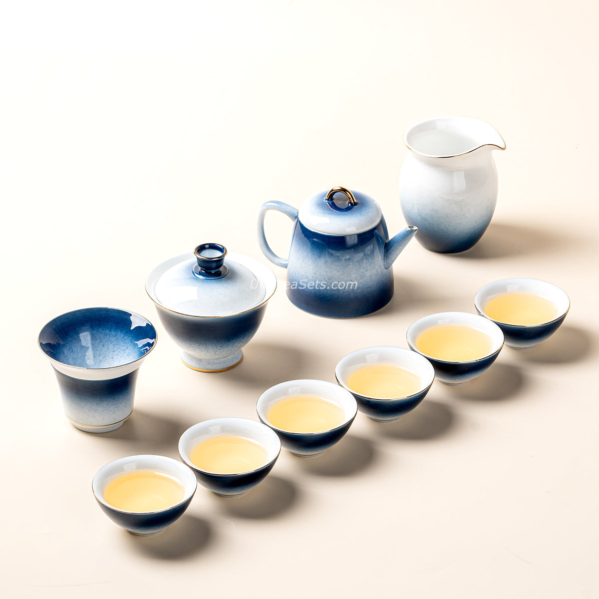 Gradient Blue Jade Porcelain Tea Set with Teapot and Cups