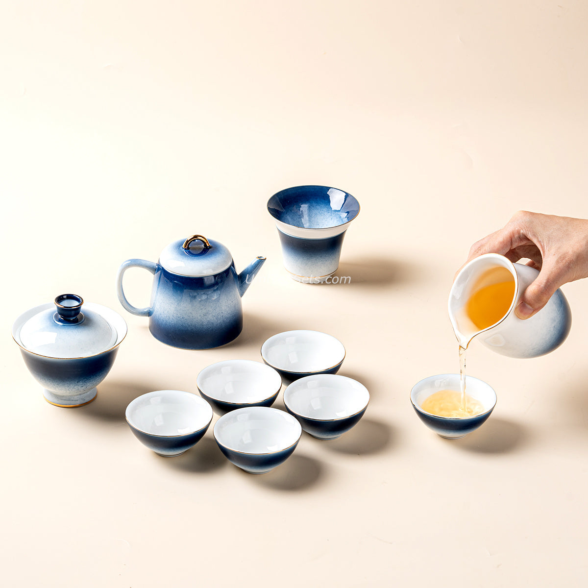 Gradient Blue Jade Porcelain Tea Set with Teapot and Cups