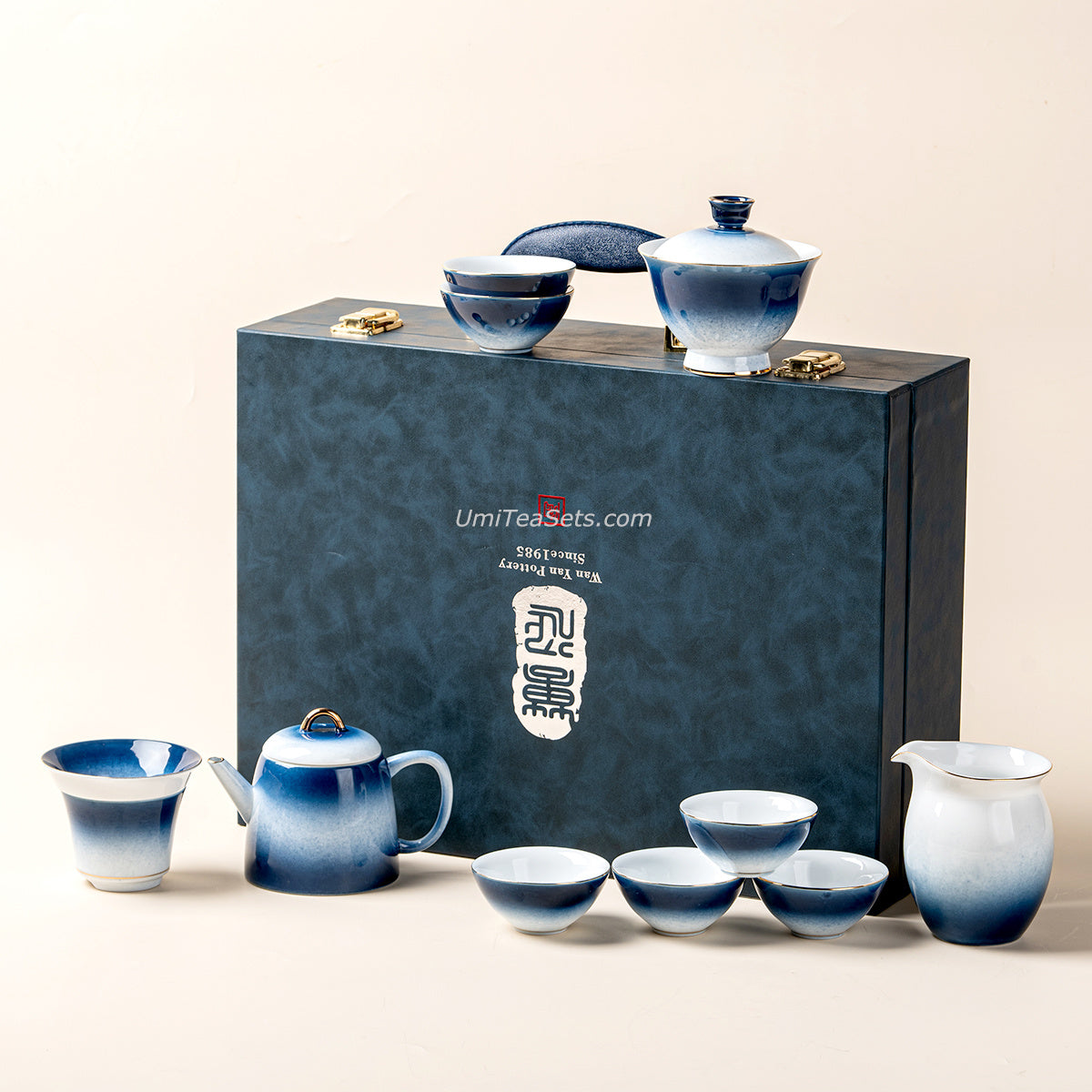 Gradient Blue Jade Porcelain Tea Set with Teapot and Cups