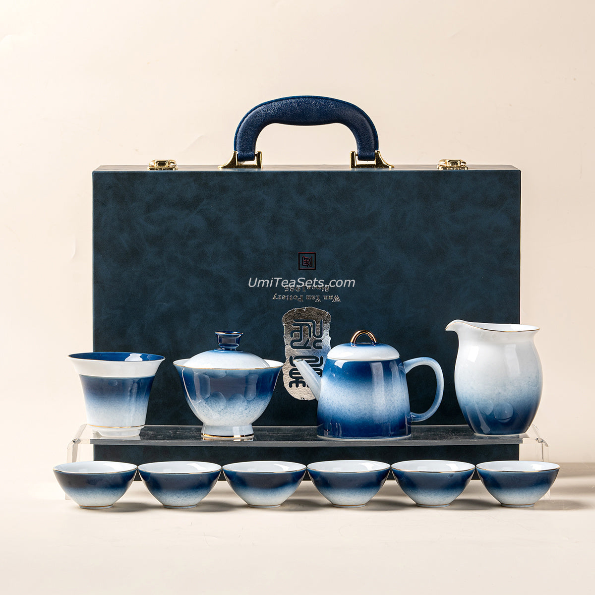 Gradient Blue Jade Porcelain Tea Set with Teapot and Cups