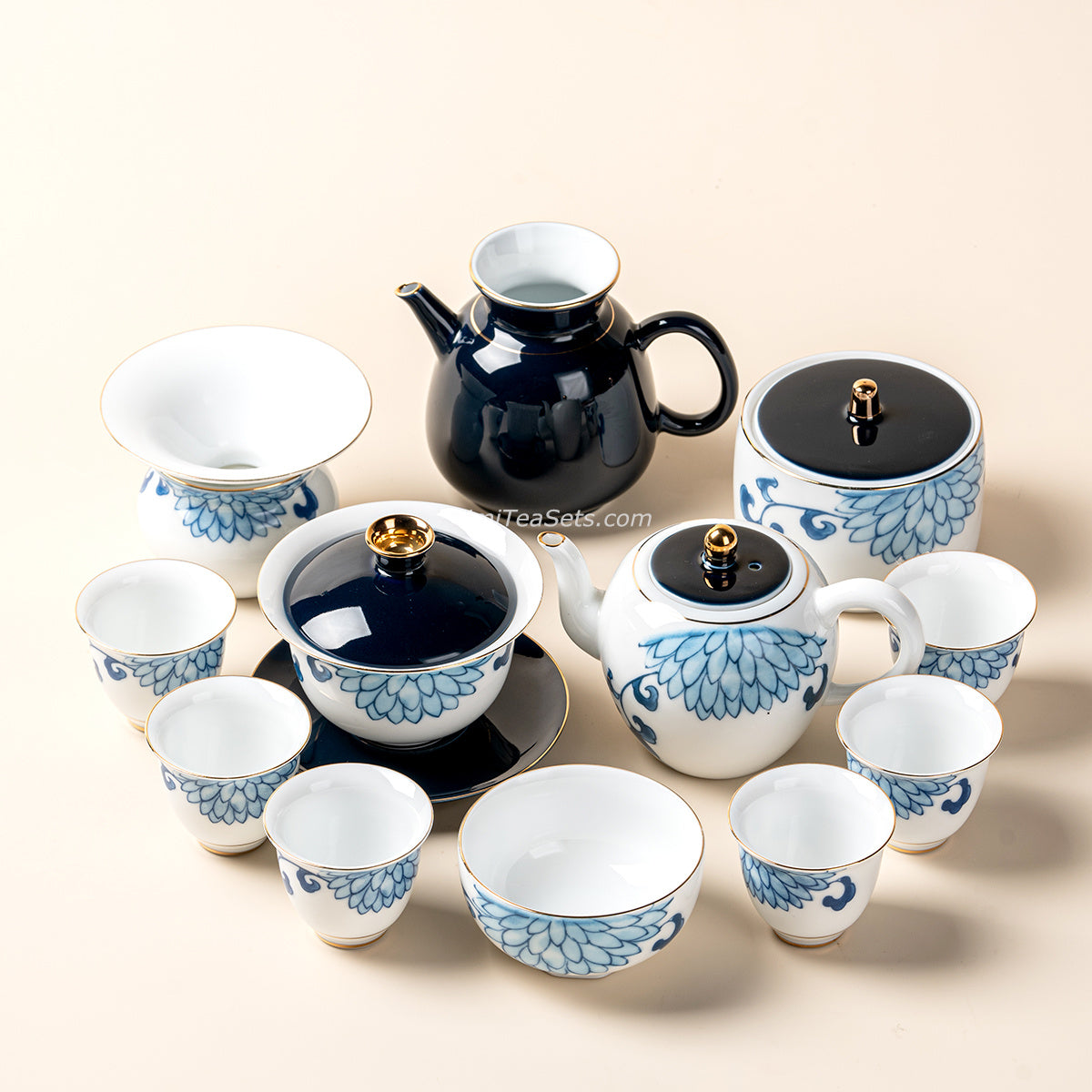 Blue and White Porcelain Chrysanthemum Tea Set with Gold Accents