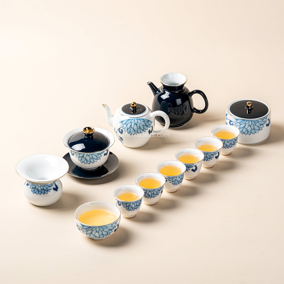Blue and White Porcelain Chrysanthemum Tea Set with Gold Accents