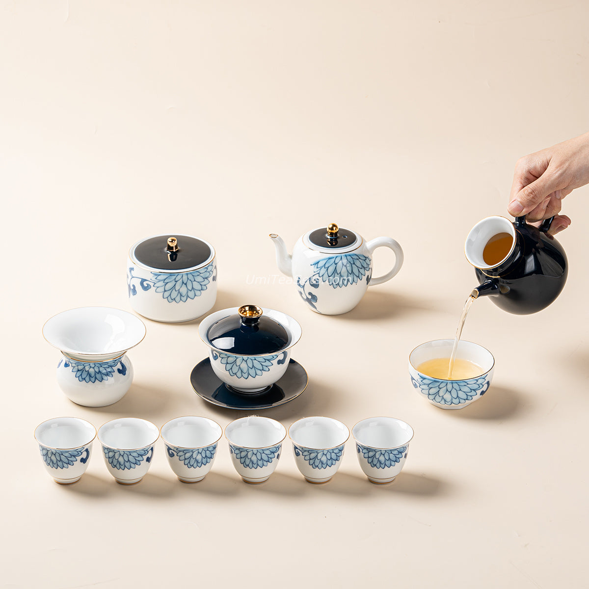 Blue and White Porcelain Chrysanthemum Tea Set with Gold Accents