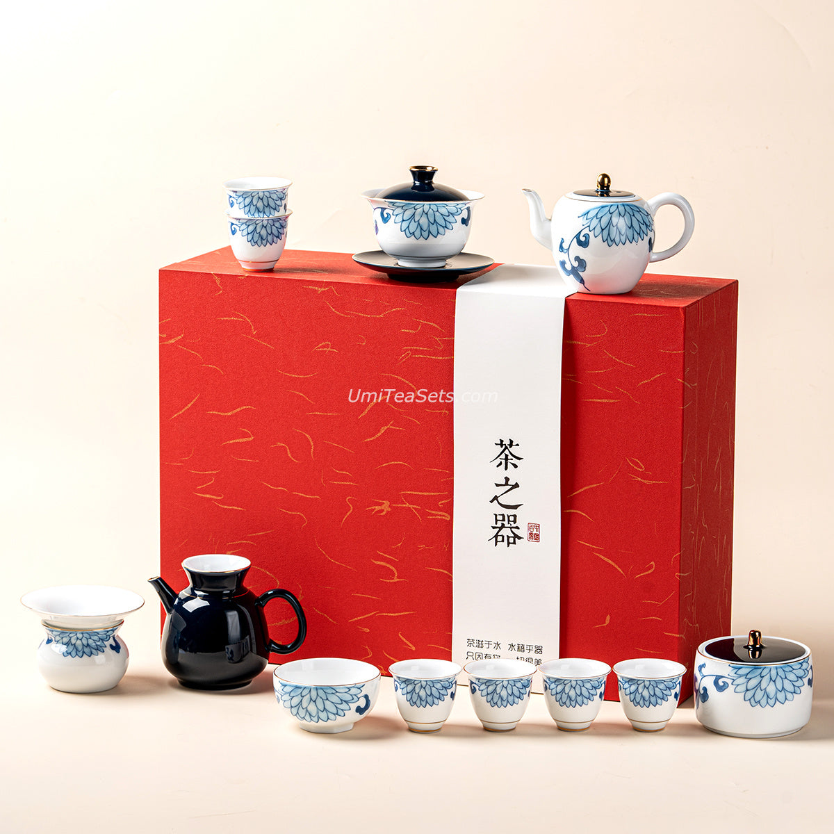 Blue and White Porcelain Chrysanthemum Tea Set with Gold Accents