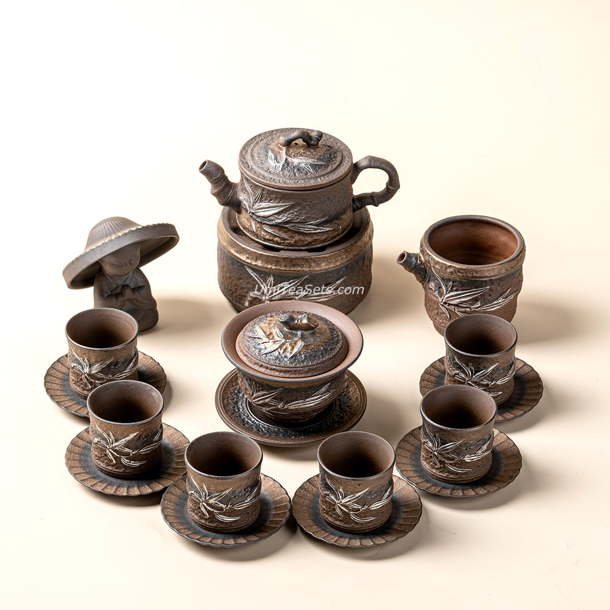 Handmade Japanese Wabi-Sabi Bamboo Tea Set with Gilded Iron Glaze