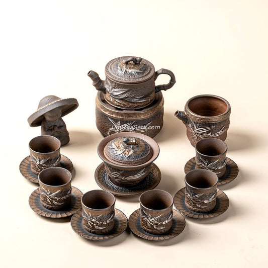 Handmade Japanese Wabi-Sabi Bamboo Tea Set with Gilded Iron Glaze