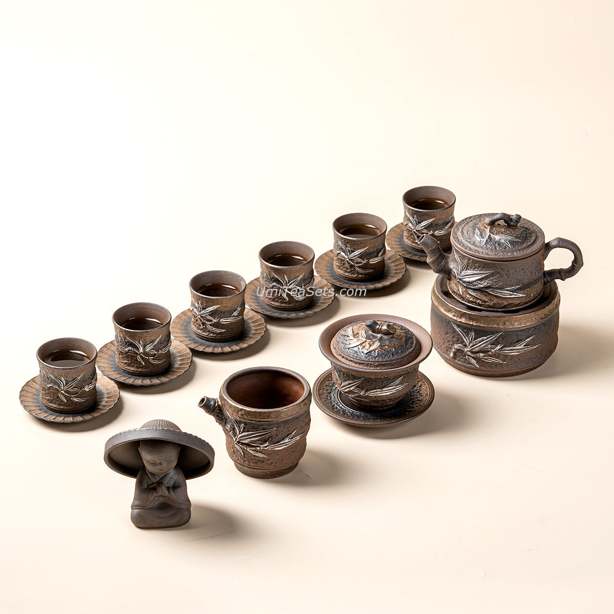 Handmade Japanese Wabi-Sabi Bamboo Tea Set with Gilded Iron Glaze
