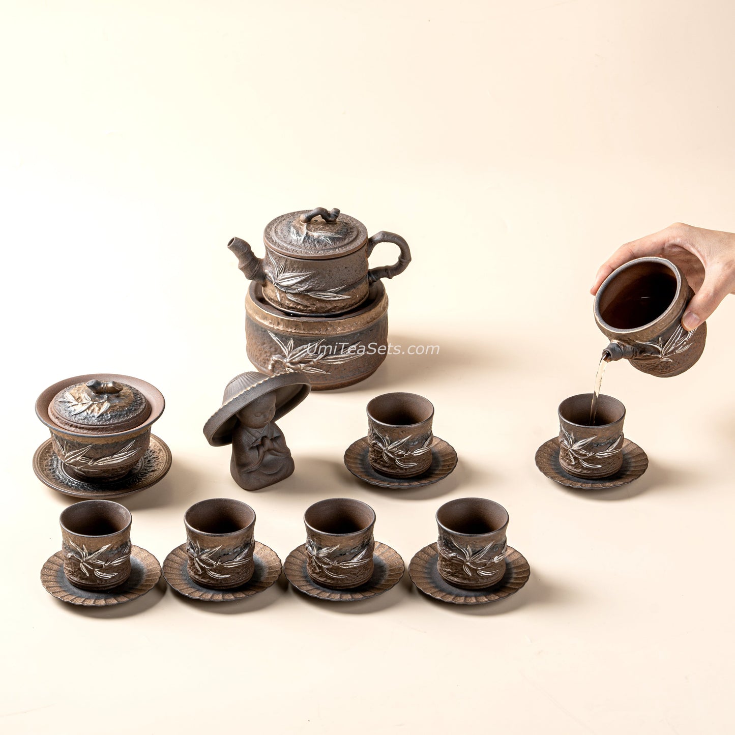 Handmade Japanese Wabi-Sabi Bamboo Tea Set with Gilded Iron Glaze