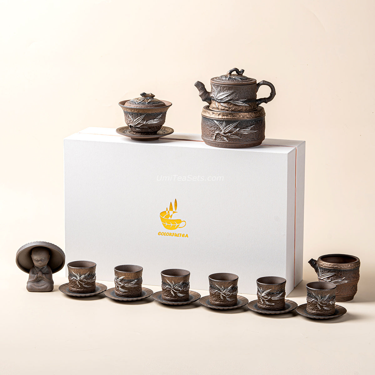 Handmade Japanese Wabi-Sabi Bamboo Tea Set with Gilded Iron Glaze