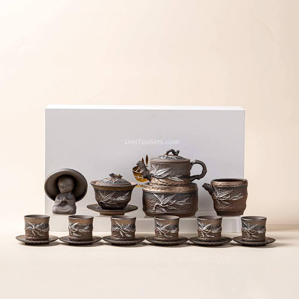 Handmade Japanese Wabi-Sabi Bamboo Tea Set with Gilded Iron Glaze