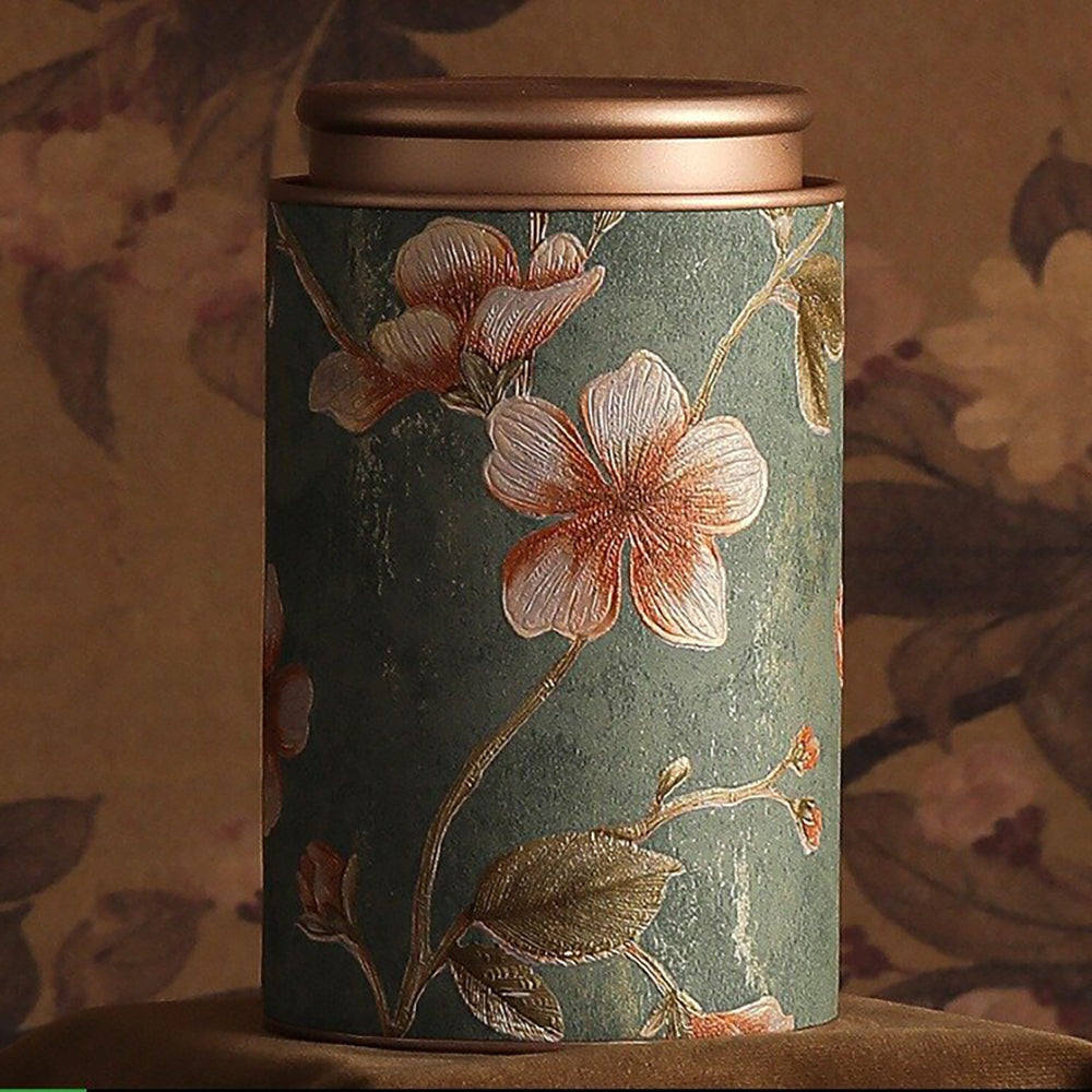 Floral Embossed Metal Tea Caddy with Lid