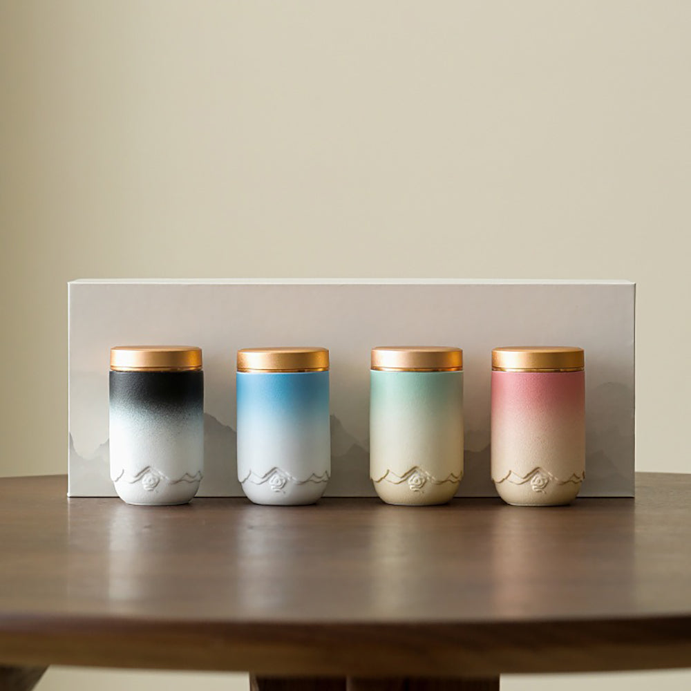Gradient Ceramic Tea Caddy Set with Alloy Lids - Portable Storage for Loose Leaf Tea