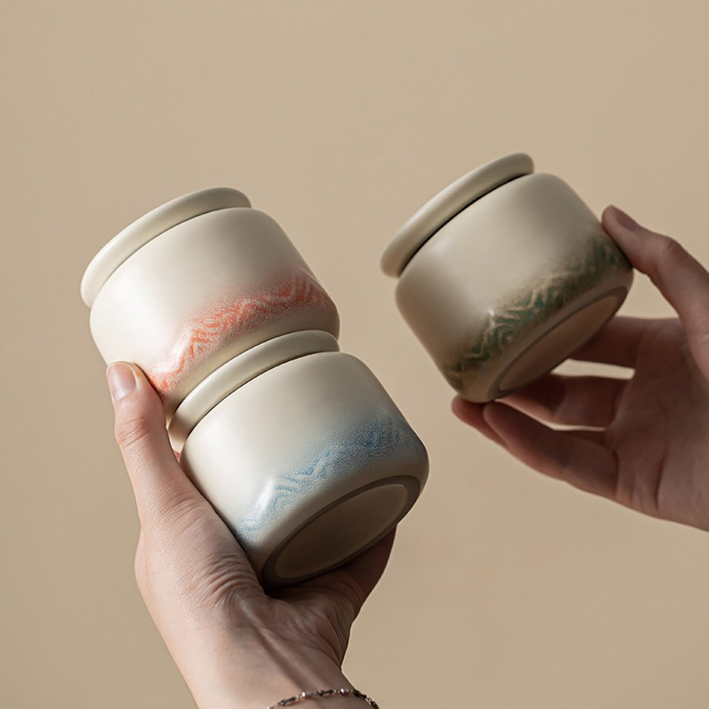 Gradient Ceramic Tea Caddy Set with Mountain Reliefs