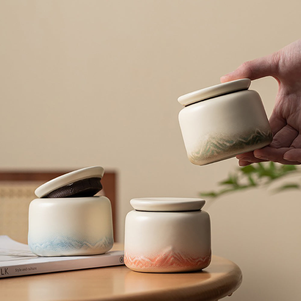 Gradient Ceramic Tea Caddy Set with Mountain Reliefs