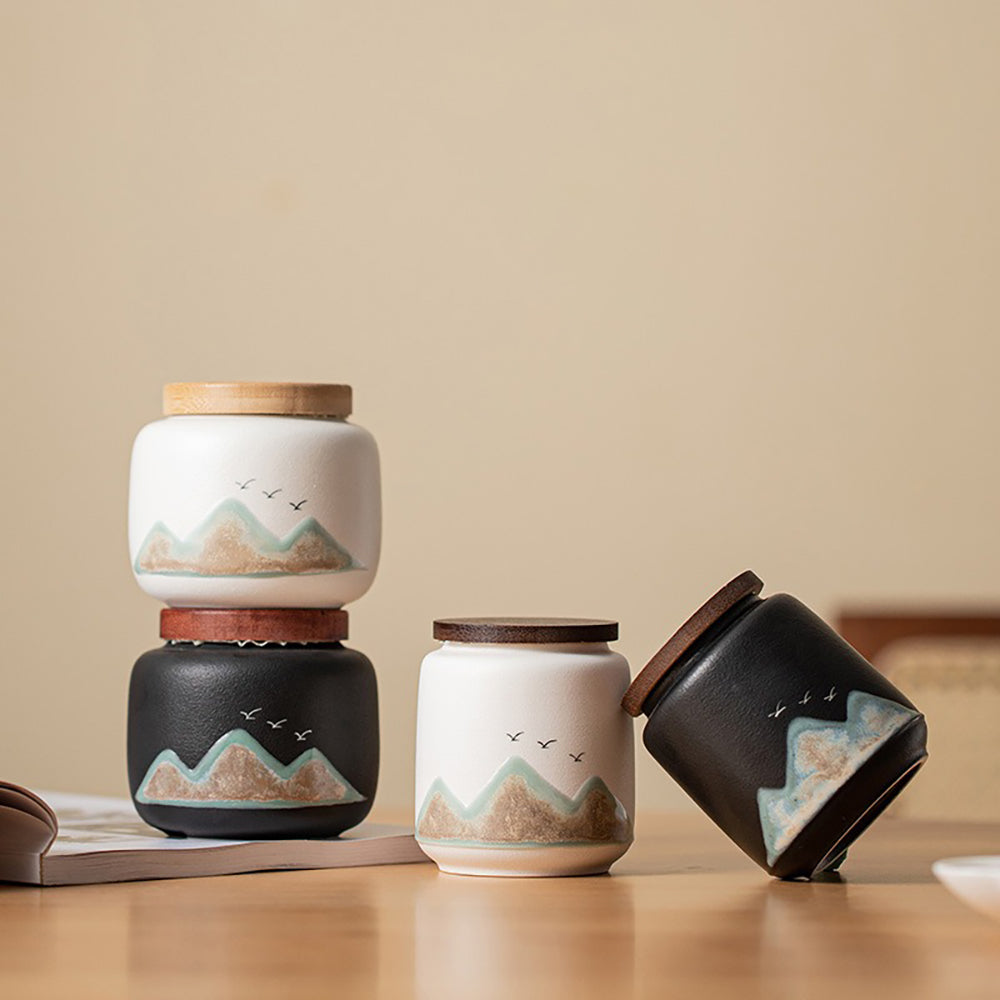Ceramic Tea Caddy Set with Bamboo Lids - Black and White Landscape Design