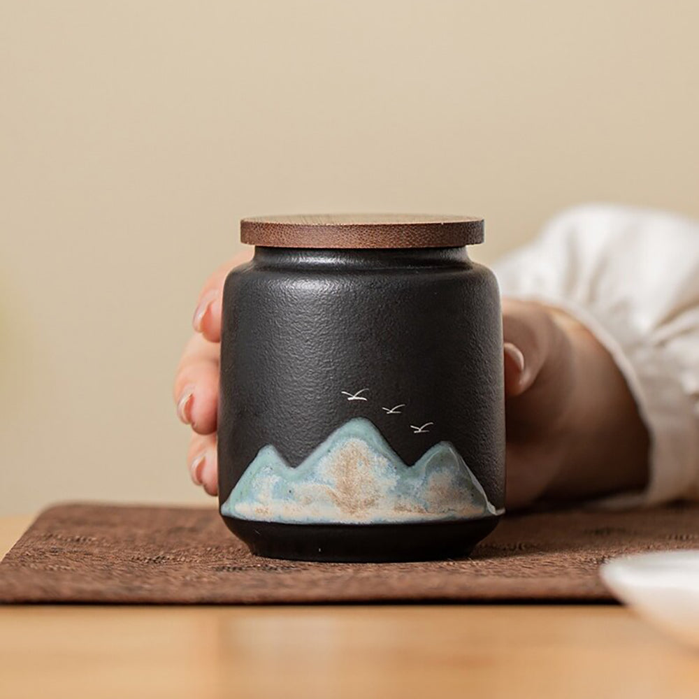 Ceramic Tea Caddy Set with Bamboo Lids - Black and White Landscape Design
