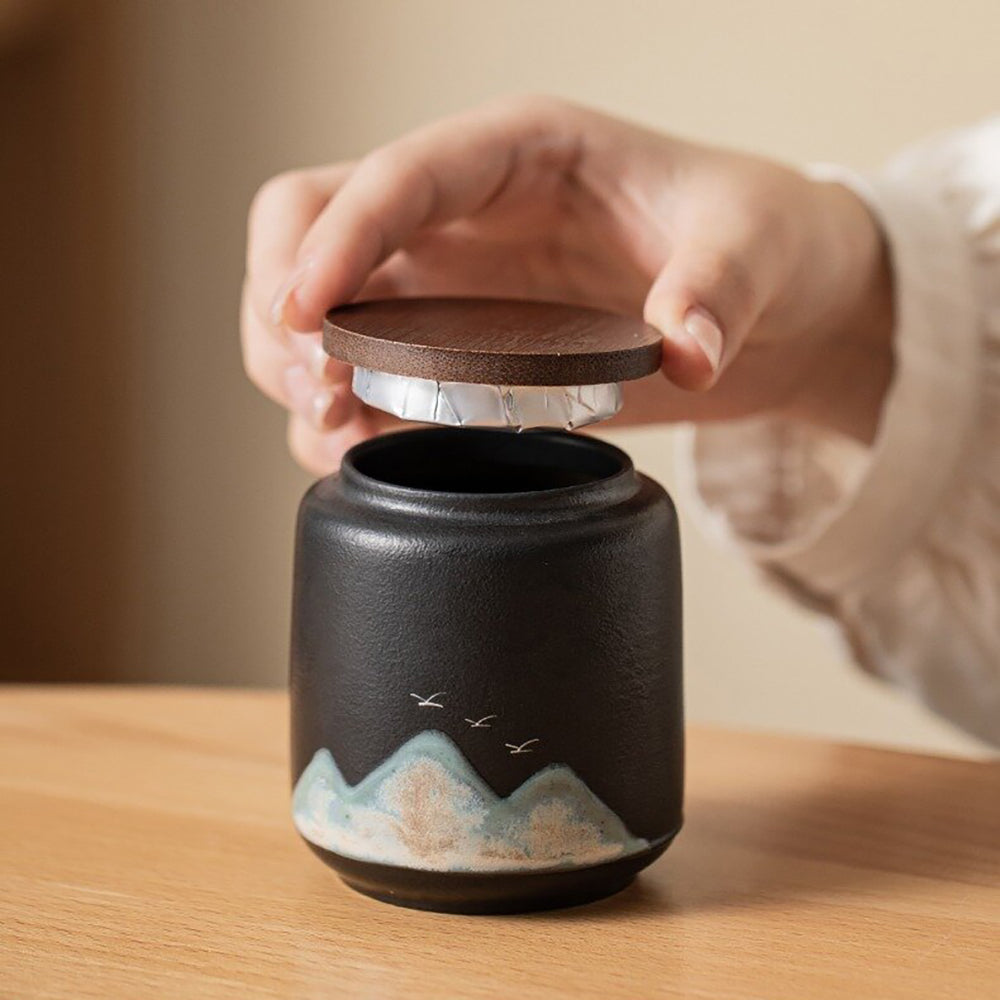Ceramic Tea Caddy Set with Bamboo Lids - Black and White Landscape Design