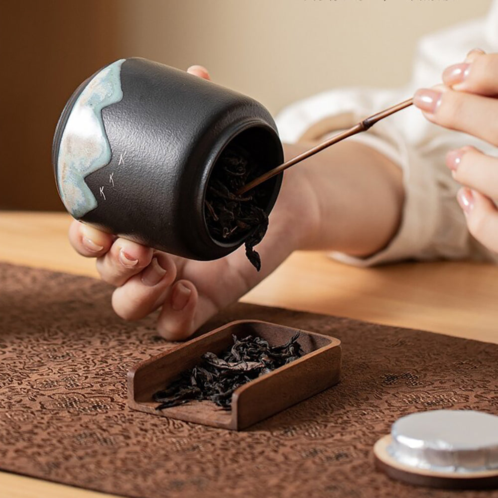 Ceramic Tea Caddy Set with Bamboo Lids - Black and White Landscape Design