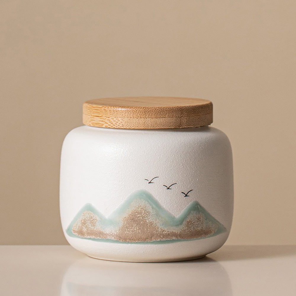 Ceramic Tea Caddy Set with Bamboo Lids - Black and White Landscape Design