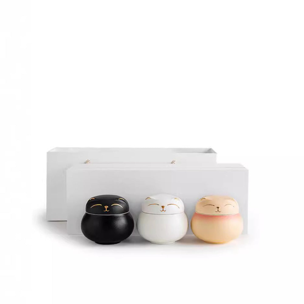 Maneki Neko Ceramic Tea Caddy Set - 3 Cute Tea Storage Containers