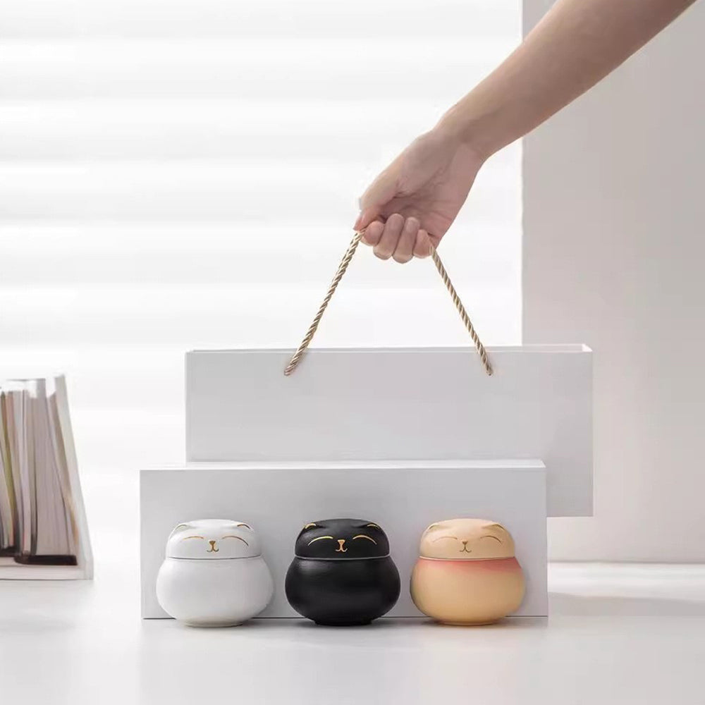 Maneki Neko Ceramic Tea Caddy Set - 3 Cute Tea Storage Containers