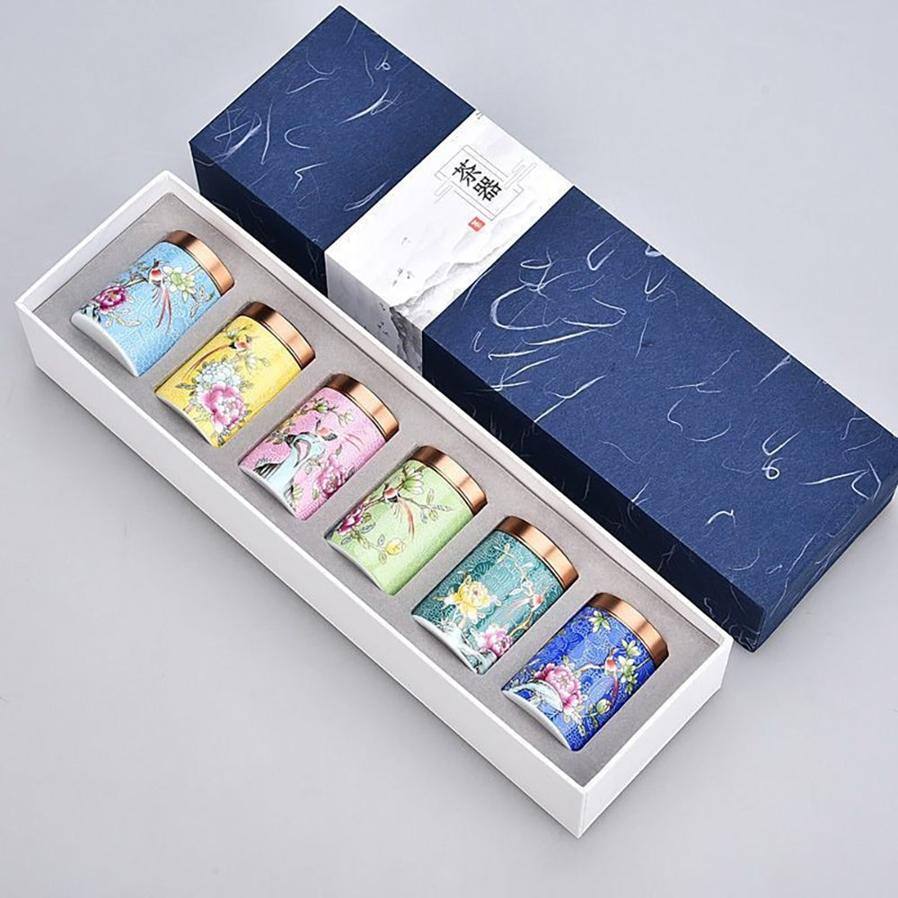 Enamel Tea Caddy Set with Floral Design - 6 Ceramic Containers