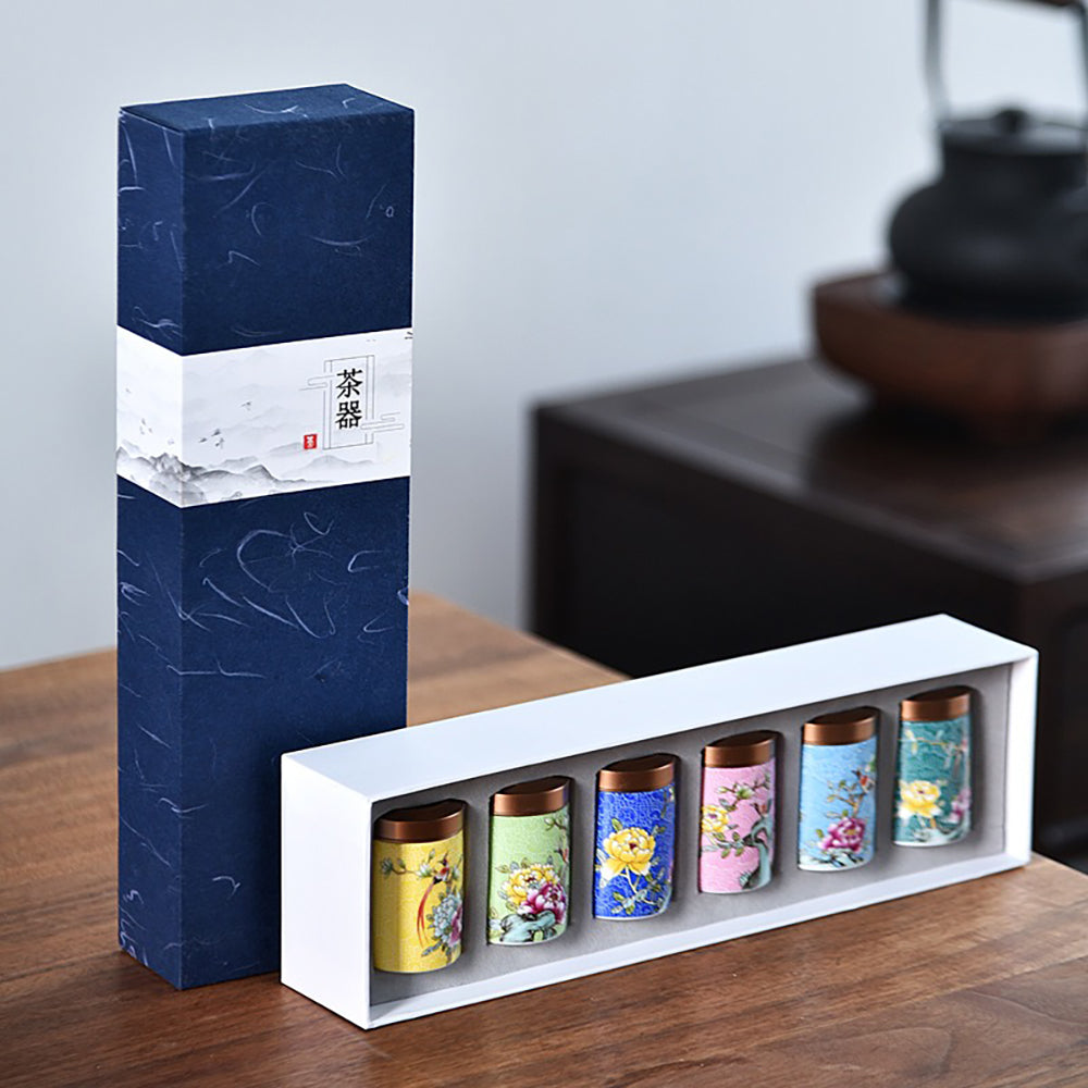 Enamel Tea Caddy Set with Floral Design - 6 Ceramic Containers