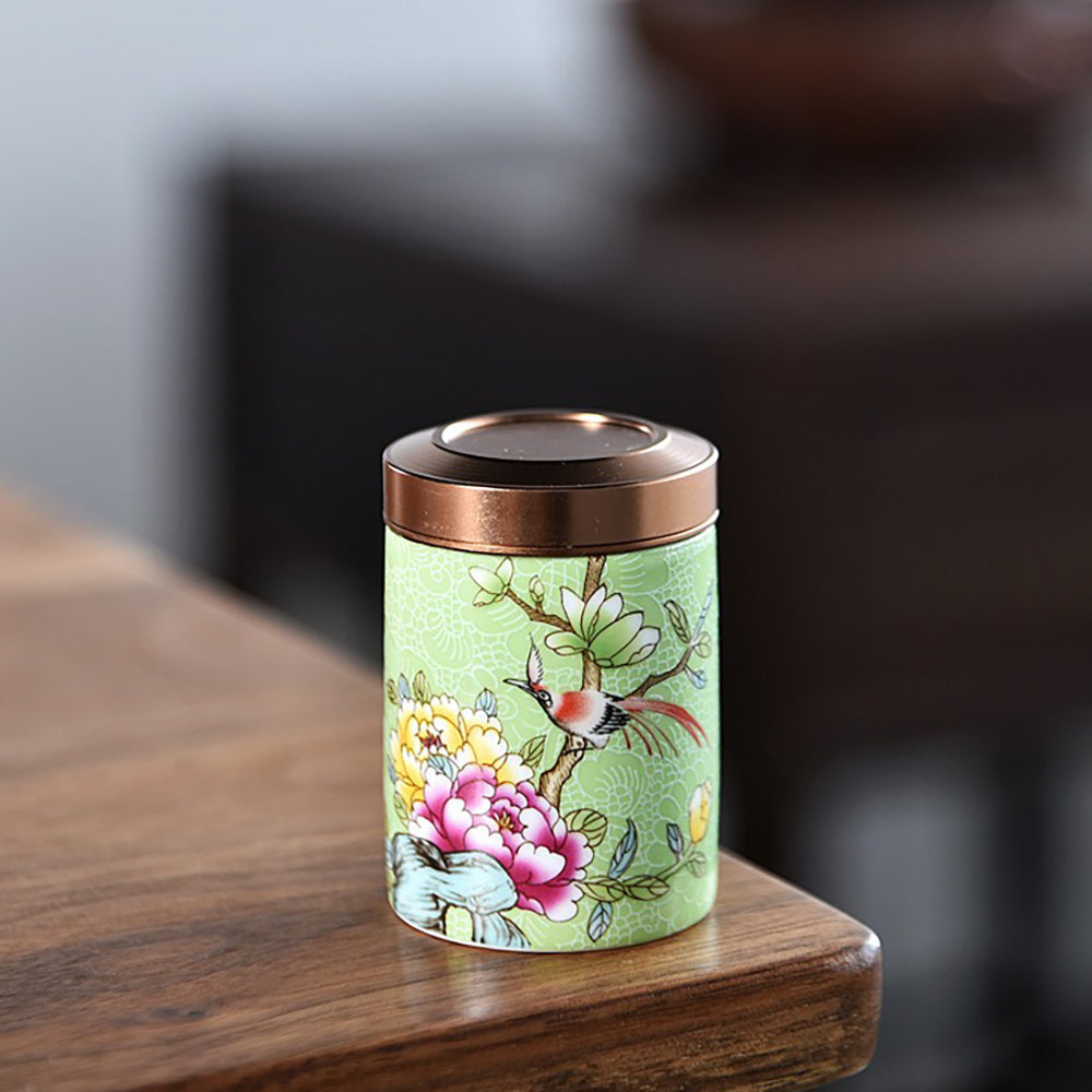 Enamel Tea Caddy Set with Floral Design - 6 Ceramic Containers