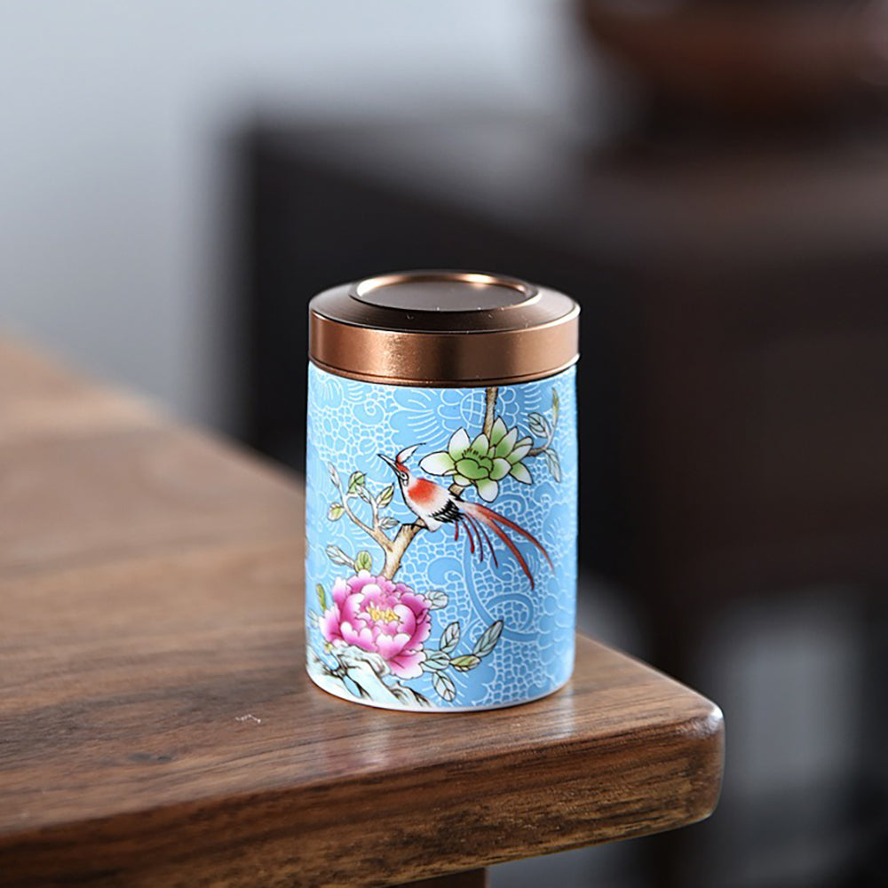 Enamel Tea Caddy Set with Floral Design - 6 Ceramic Containers