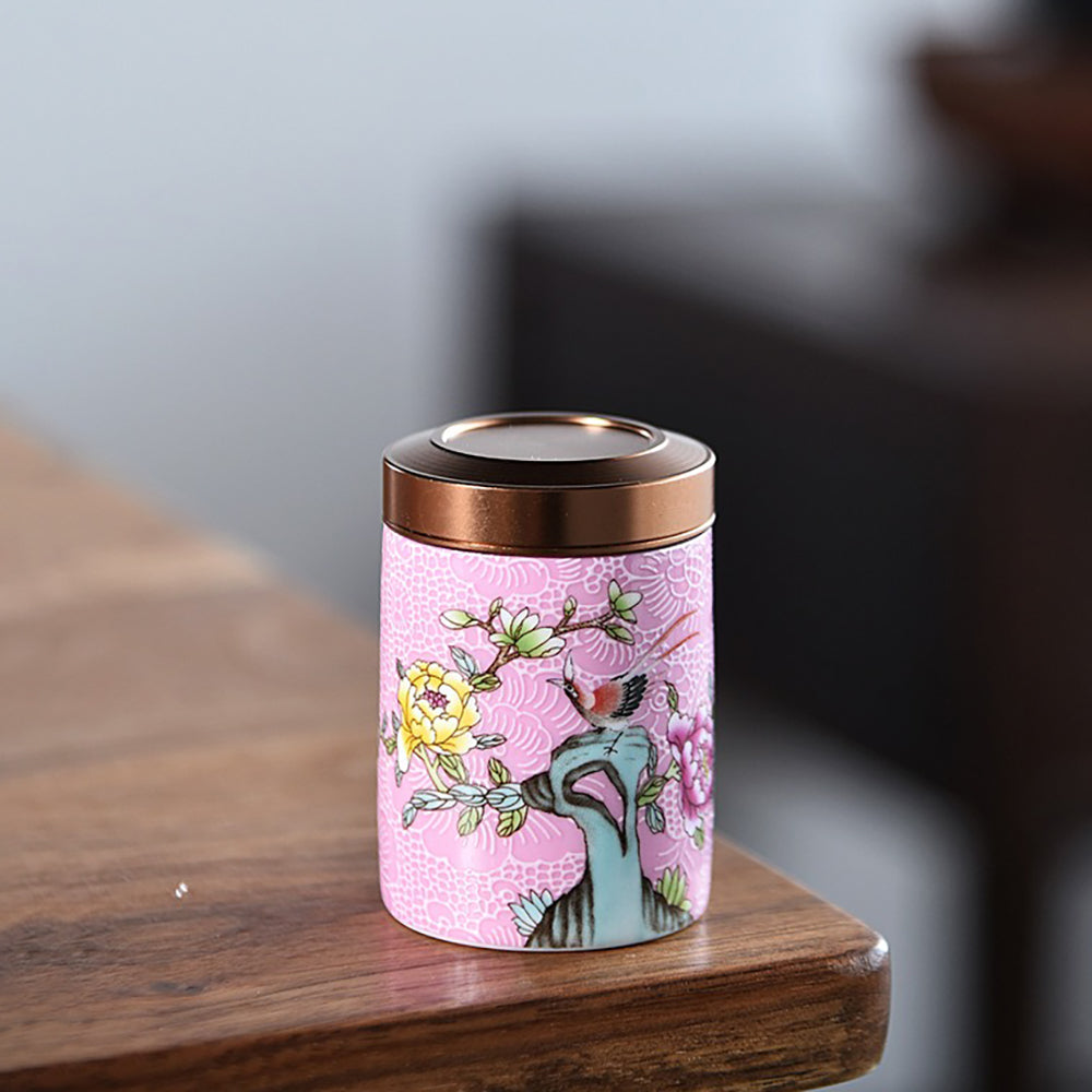 Enamel Tea Caddy Set with Floral Design - 6 Ceramic Containers