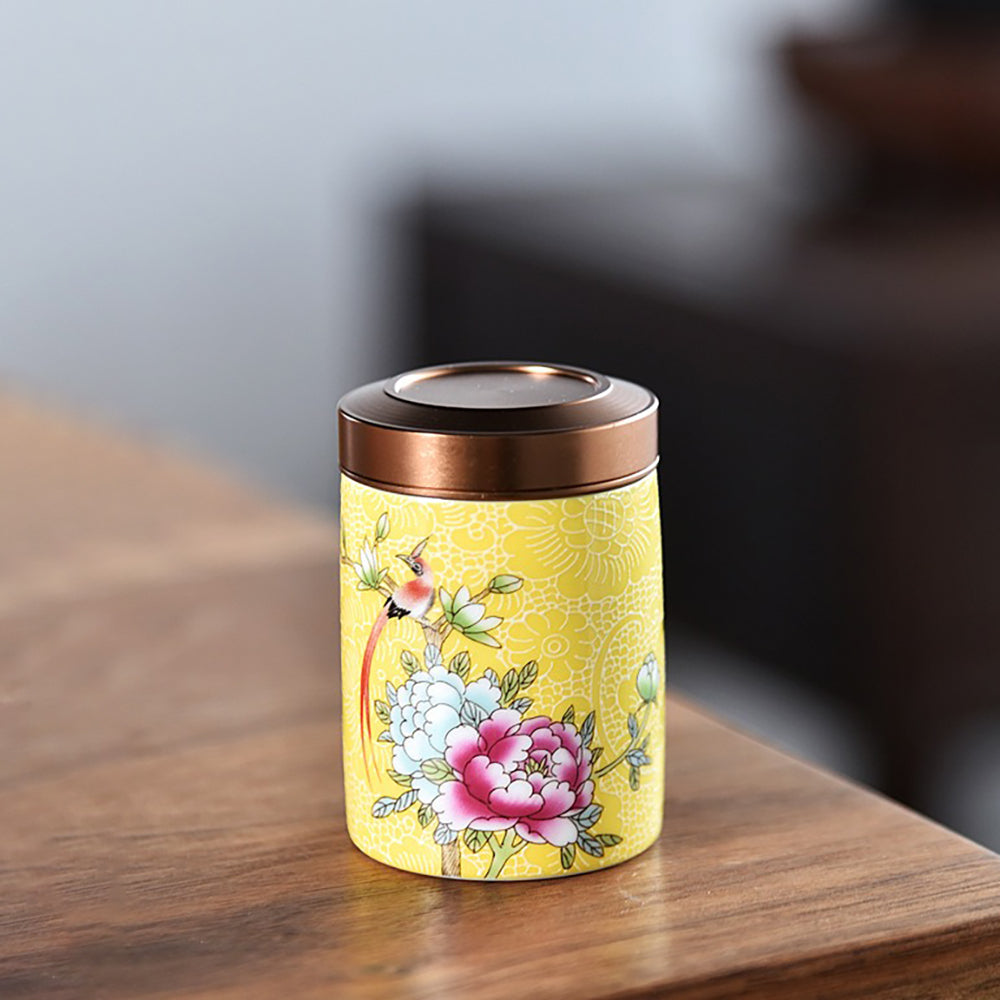 Enamel Tea Caddy Set with Floral Design - 6 Ceramic Containers