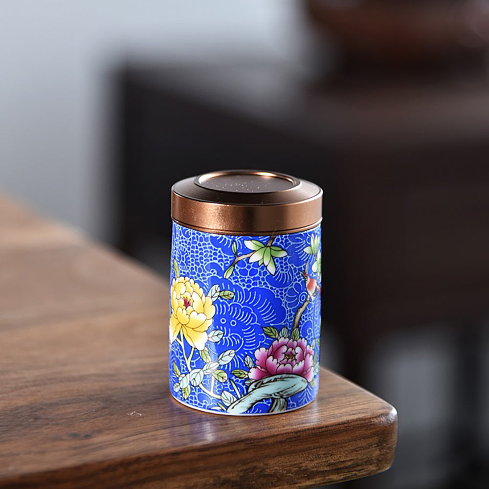 Enamel Tea Caddy Set with Floral Design - 6 Ceramic Containers