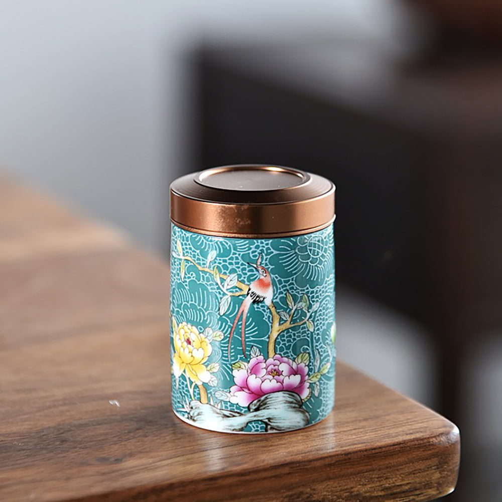 Enamel Tea Caddy Set with Floral Design - 6 Ceramic Containers