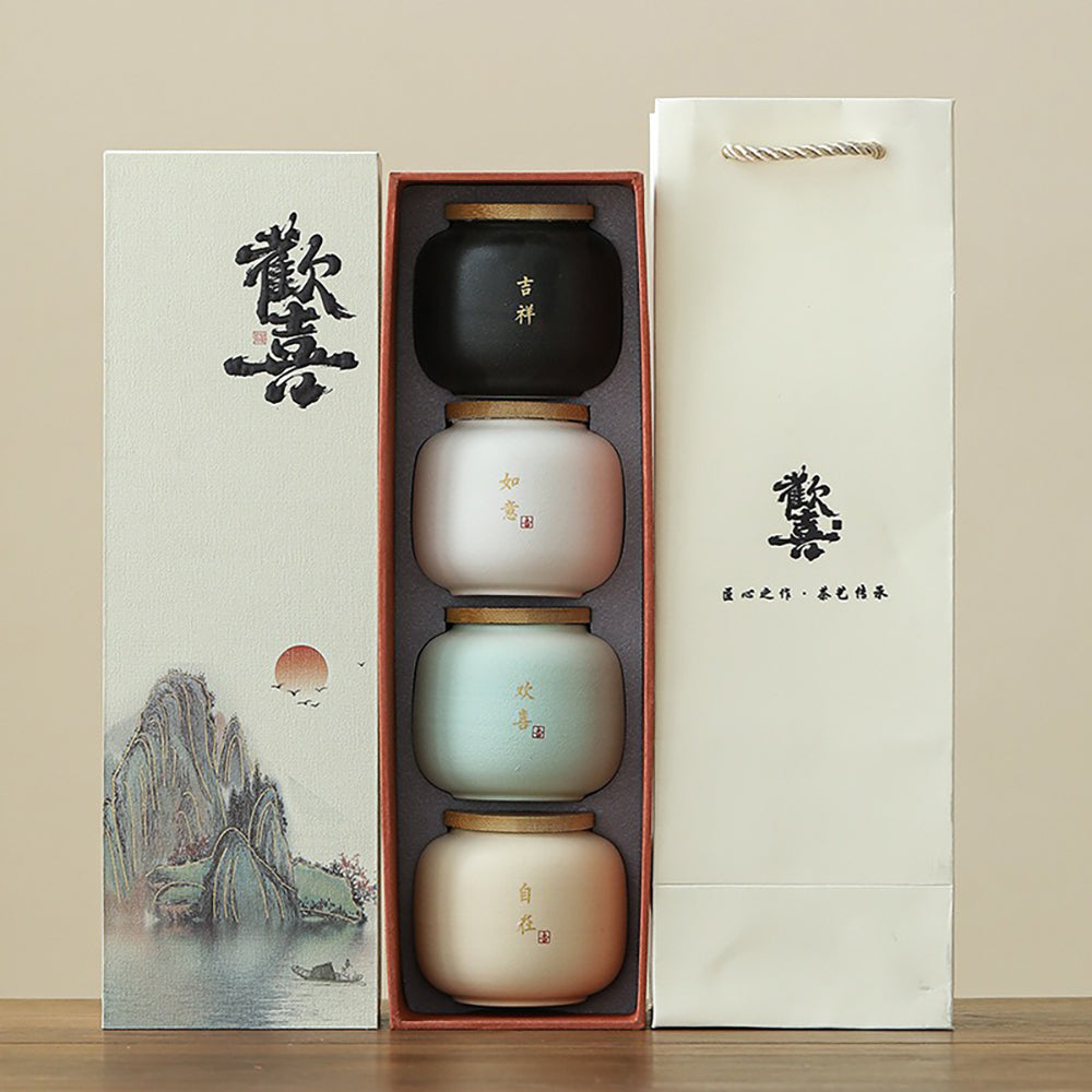 Coarse Pottery Tea Caddy Set with Bamboo Lids