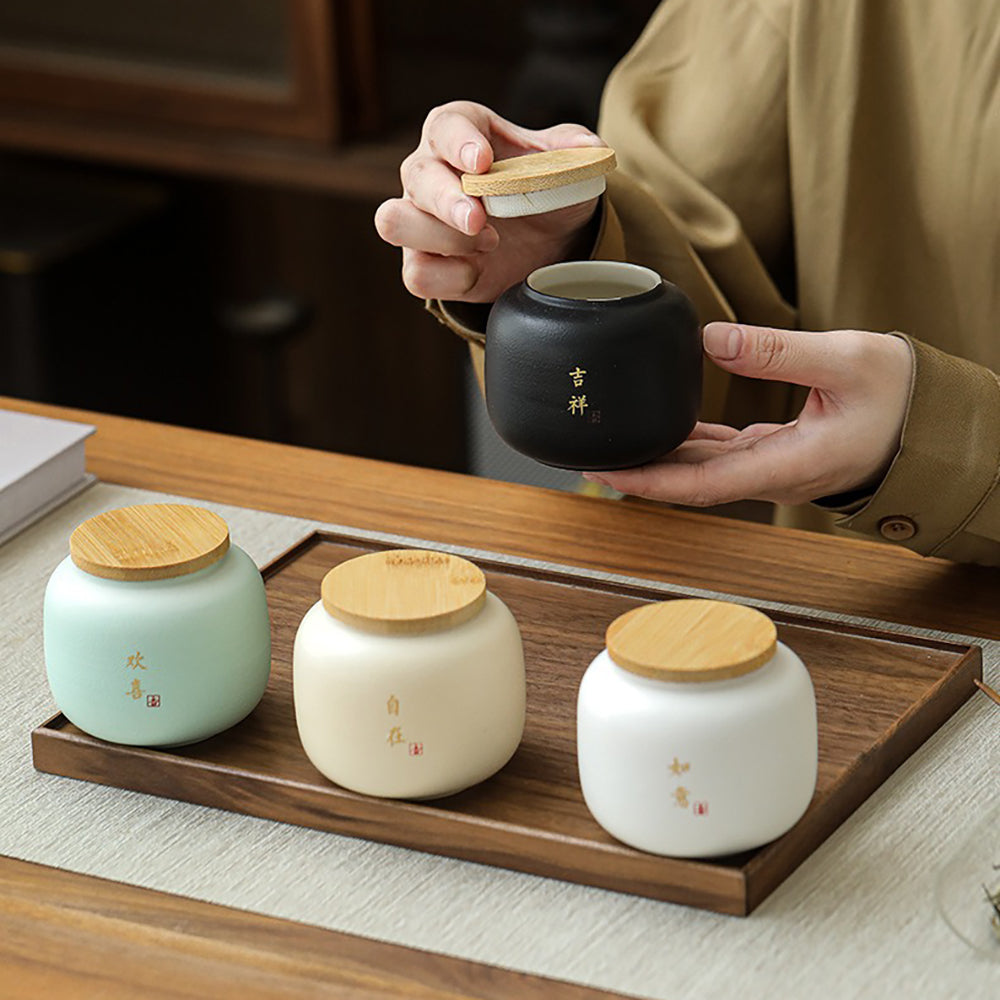 Coarse Pottery Tea Caddy Set with Bamboo Lids